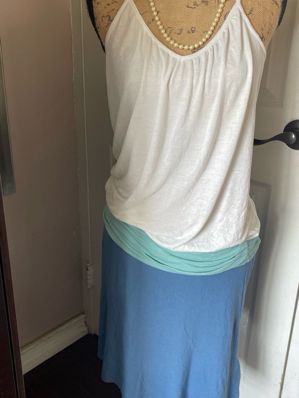Women's White & Blue Midi Dress with Mint Waistband